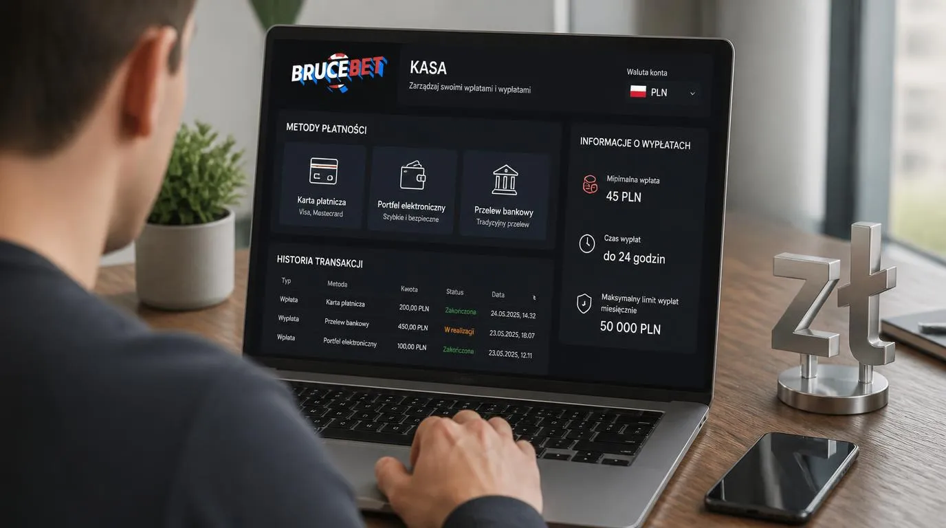 Ekran kasy kasyna z saldem w PLN, wyborem karty i portfela oraz informacją o czasie wypłaty