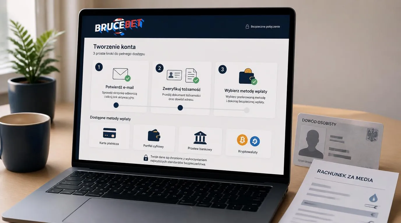 Panel rejestracji z etapami potwierdzenia e-maila, weryfikacji dokumentów i wyboru metody wpłaty