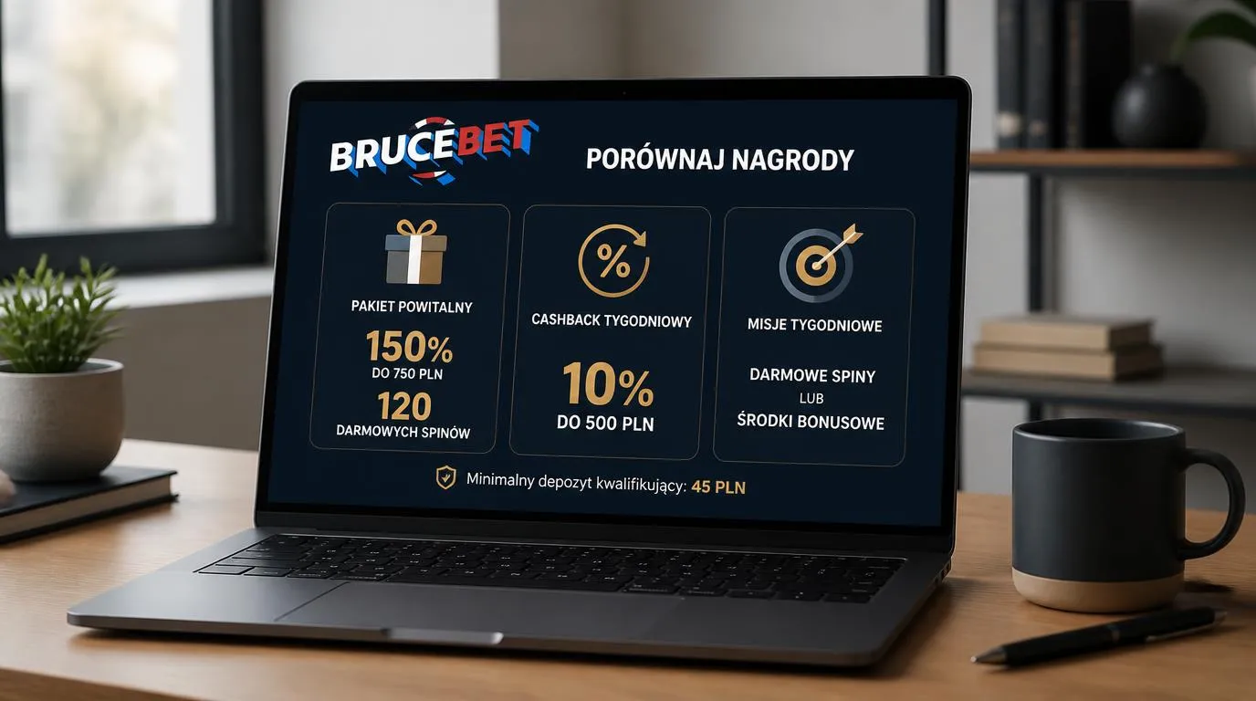 Zestawienie bonusu powitalnego, tygodniowego cashbacku i nagród za misje na ekranie laptopa
